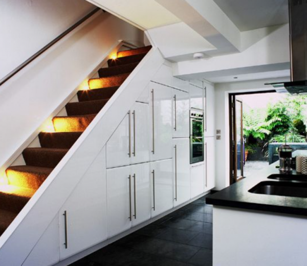 Lemari bawah tangga dengan pegangan yang minimalis